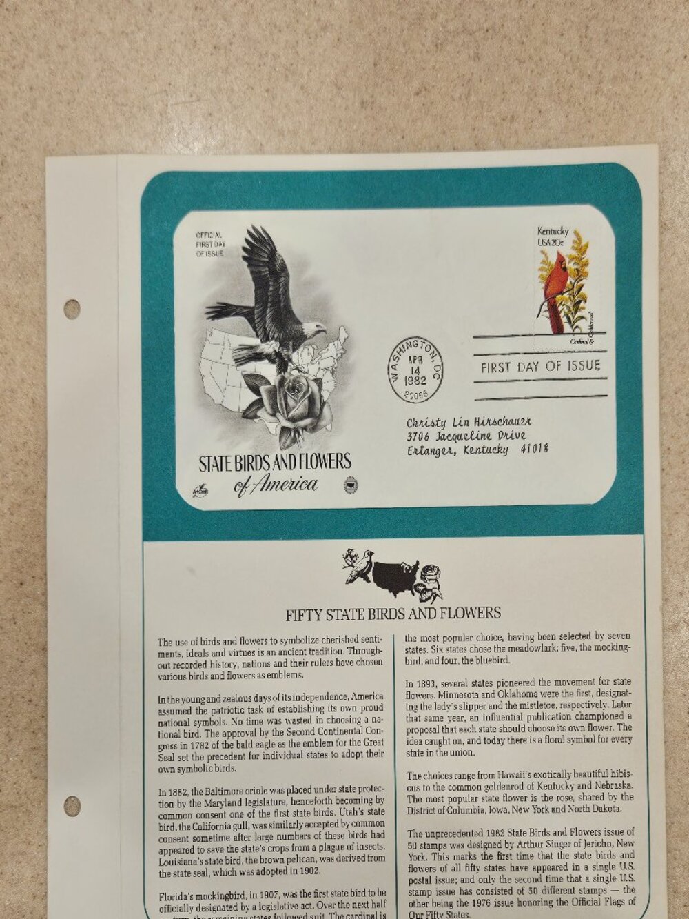 RARE COLLECTIBLE USPS 1ST DAY ISSUE COVER STATE BIRDS & FLOWER AMERICA STAMP FDC